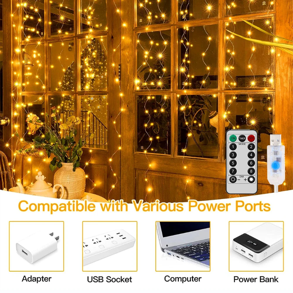 Solar Curtain String Lights 3M USB Power Fairy Lights 8 Mode Holiday Garland Lamp Outdoor Yard Christmas Decor String Lights