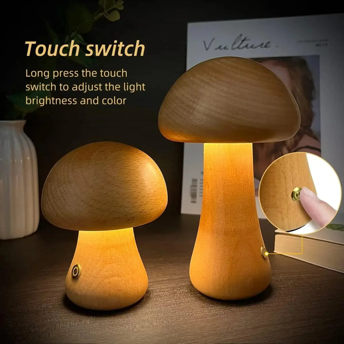 Cute Mushroom LED Night Light Wooden Bedside Table Lamp with Touch Switch Room Decoration High-level Environmental Mushroom Lamp