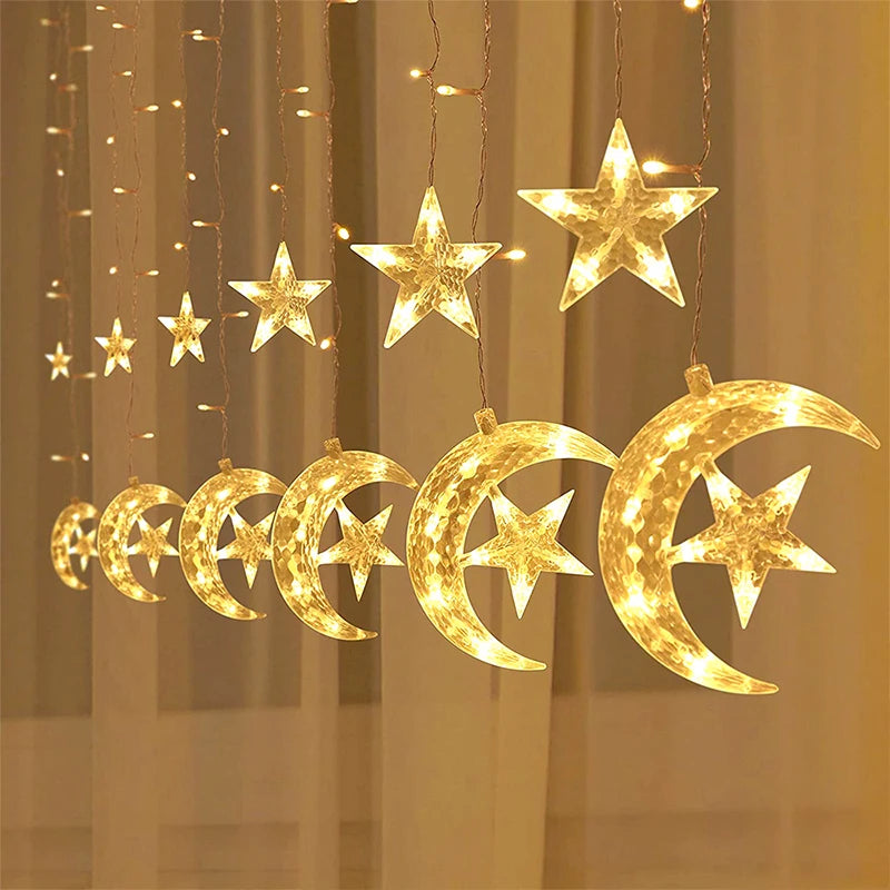 Ramadan Decoration 2025 Star Moon Curtain Garland String Light Aid EID Mubarak for Home Arabic Islam Muslim Event Party Supplies