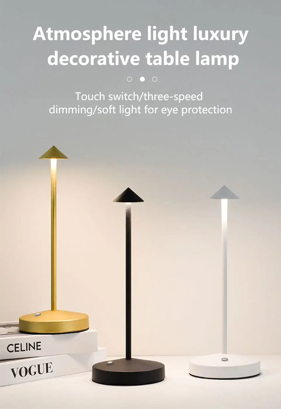 Rechargeable Table LED Lamp Touch Sensor Night Desk Lamp for Restaurant Hotel Bar Bedroom 3 Color Temperatures Stepless Dimming