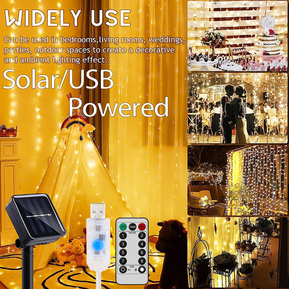 Solar Curtain String Lights 3M USB Power Fairy Lights 8 Mode Holiday Garland Lamp Outdoor Yard Christmas Decor String Lights