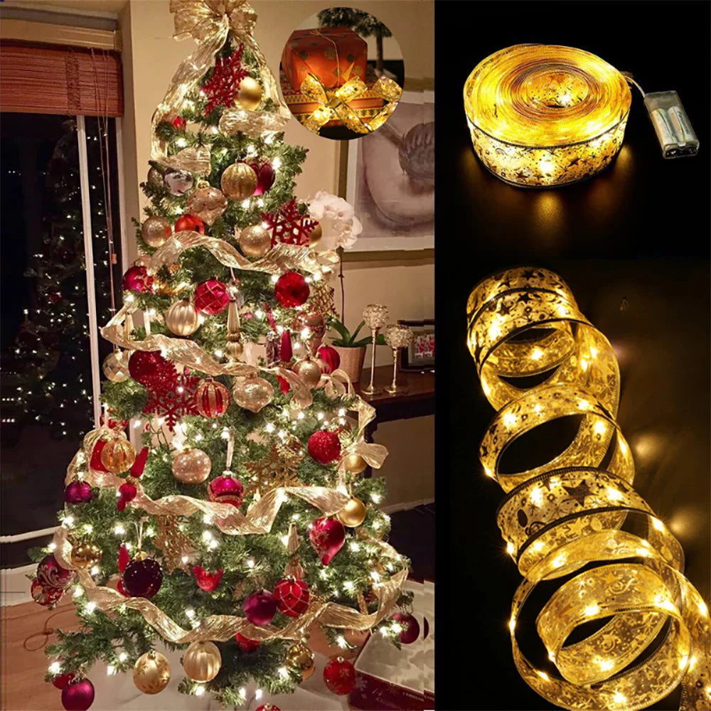 Christmas Tree Ribbon String Lights Battery Powered Ribbon Bows Lights For Gift Wrapping Indoor Christmas Decorations Lights