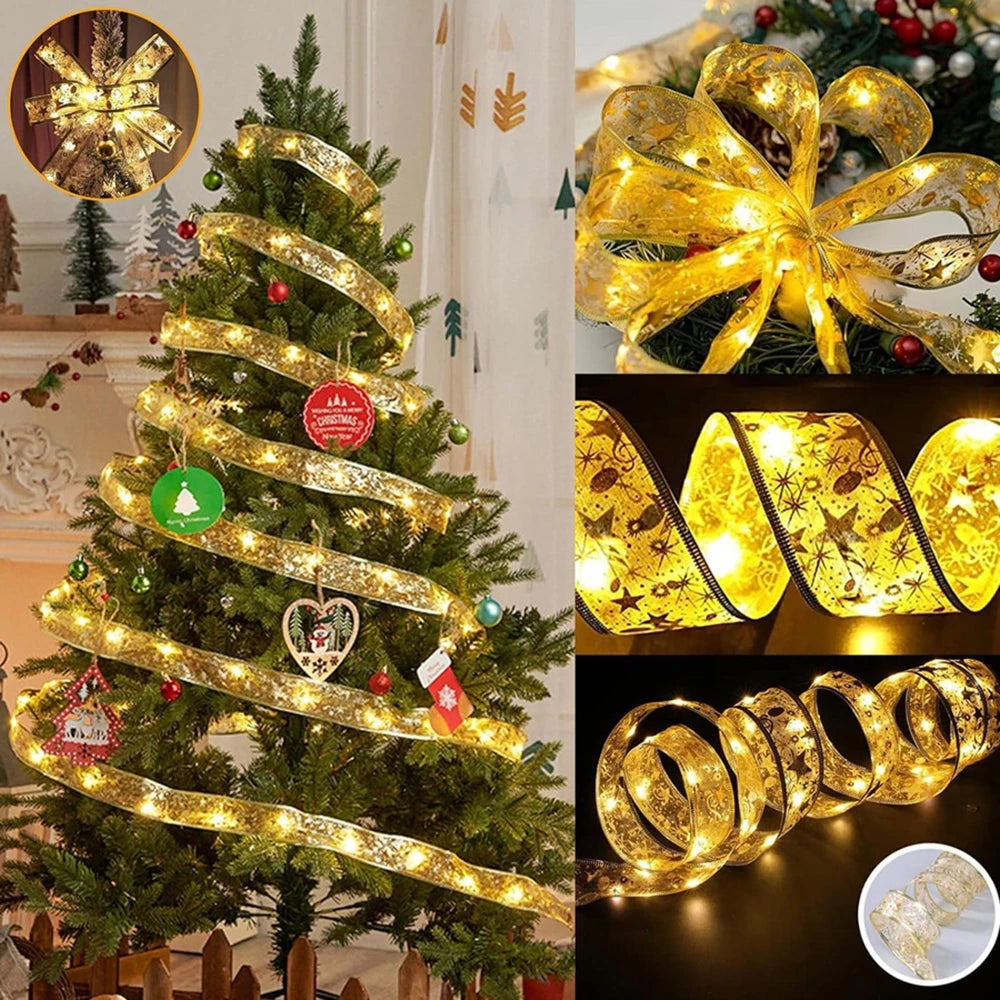 Christmas Tree Ribbon String Lights Battery Powered Ribbon Bows Lights For Gift Wrapping Indoor Christmas Decorations Lights