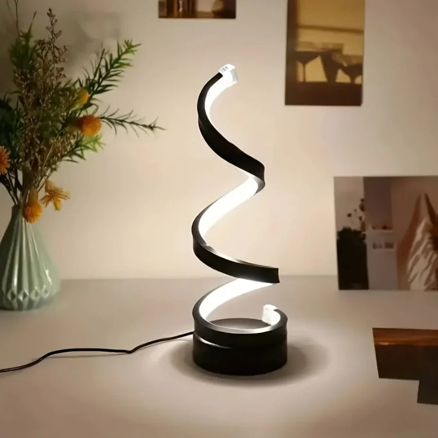 Modern LED table light with USB - adjustable brightness, warm white light, spiral design, suitable for bedroom, living room, off