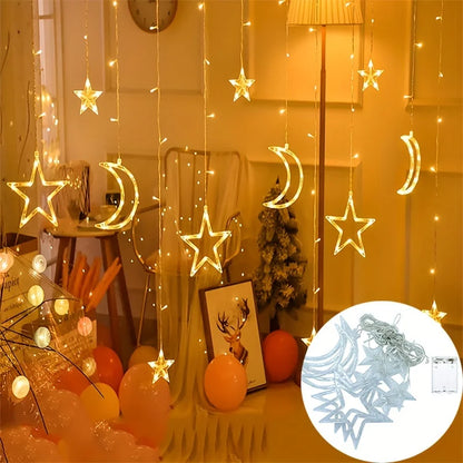 Solar Battery Star Moon String Light LED Curtain Light 8 Modes Christmas Garland Fairy Lamp for Wedding Party Xmas NewYear Decor