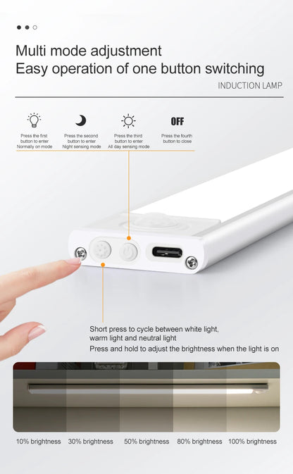 Cabinet Light USB Rechargeable Motion Sensor Led Three Colors In One Lamp For Kitchen Wardrobe Indoor Lighting 10/20/30/40/50cm