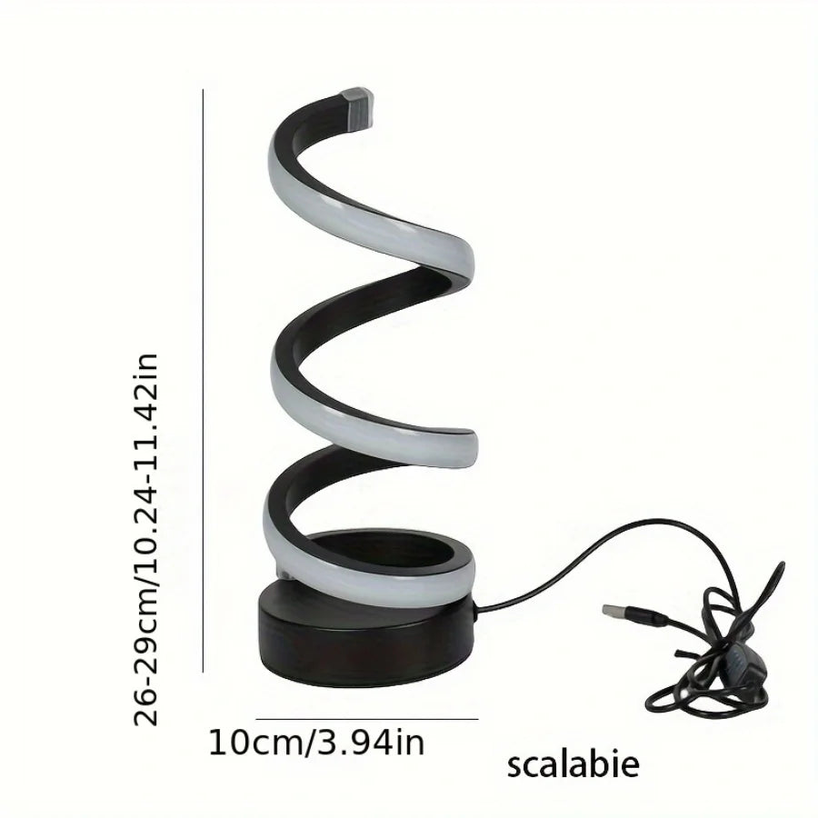 Modern LED table light with USB - adjustable brightness, warm white light, spiral design, suitable for bedroom, living room, off