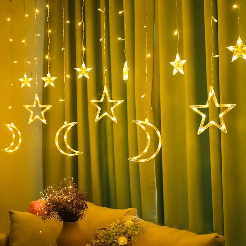 3.5M Romantic Moon Star LED Curtain String Christmas Garland Fairy Light Outdoor Garden Wedding Christmas Holiday Home Decor