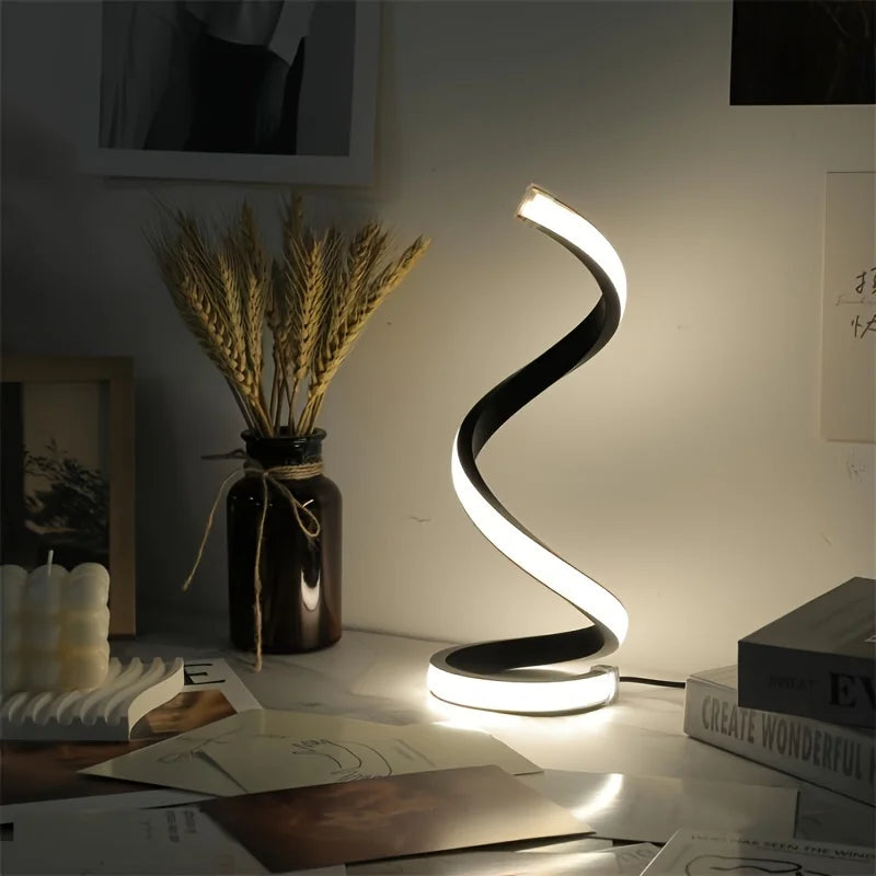 Modern LED table light with USB - adjustable brightness, warm white light, spiral design, suitable for bedroom, living room, off