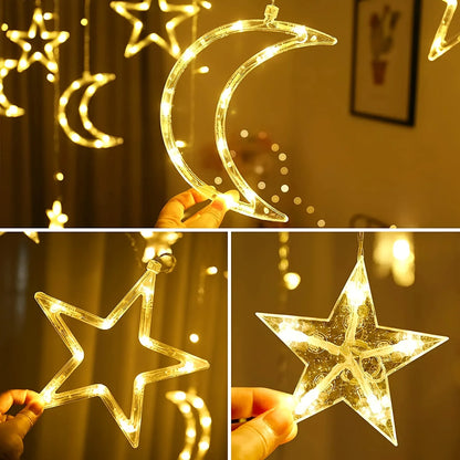 Solar Battery Star Moon String Light LED Curtain Light 8 Modes Christmas Garland Fairy Lamp for Wedding Party Xmas NewYear Decor