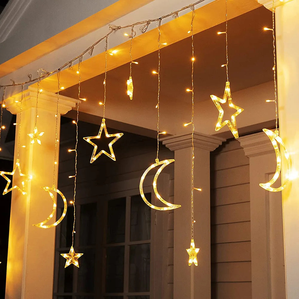 3.5M Warm White Moon Stars Curtain String Lights Icicle LED Light 8 Modes Waterproof for Room Home Wedding Party Decoration