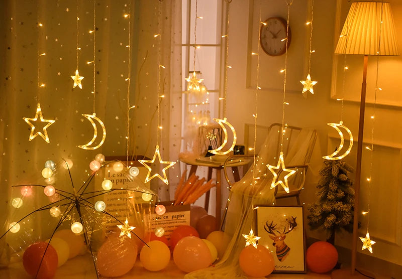 Ramadan Decoration 2025 Star Moon Curtain Garland String Light Aid EID Mubarak for Home Arabic Islam Muslim Event Party Supplies