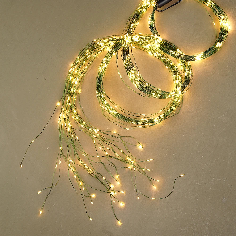 Christmas Green Wire Branch Lights Plug Outdoor LED Waterfall Garland String Fairy Lights Decoration For Holiday Lighting Party