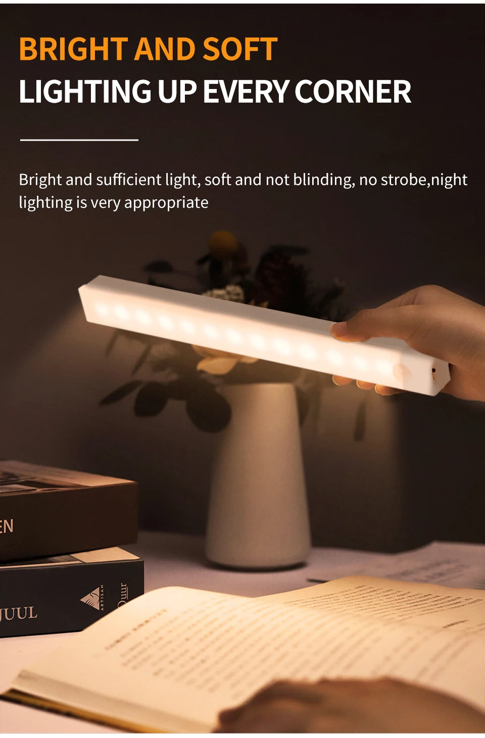 LED Motion Sensor Night Light USB Rechargeable Bar Lights For Bedroom Wardrobe Hallway Staircase Under Cabinet Lighting