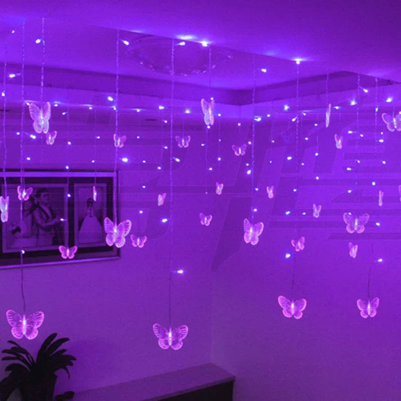 Purple LED Butterfly Icicle Curtain Garland Fairy Lights for Valentine's Day Room Wedding Birthday Party Christmas Decoration