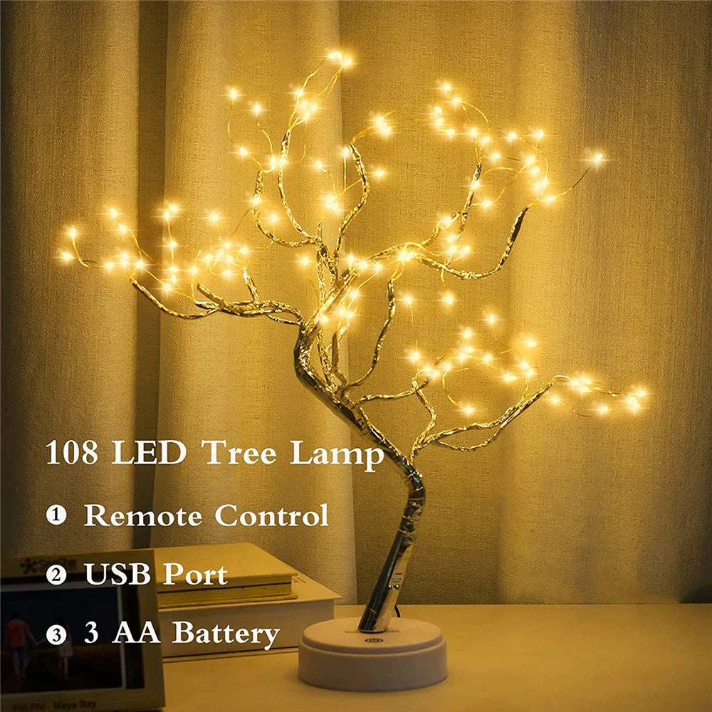 Fairy Tree Table Lamp Battery/USB Copper Wire 108 LED Fire Decorative Desk Night Light Home Bedroom Gifts Christmas Decoration