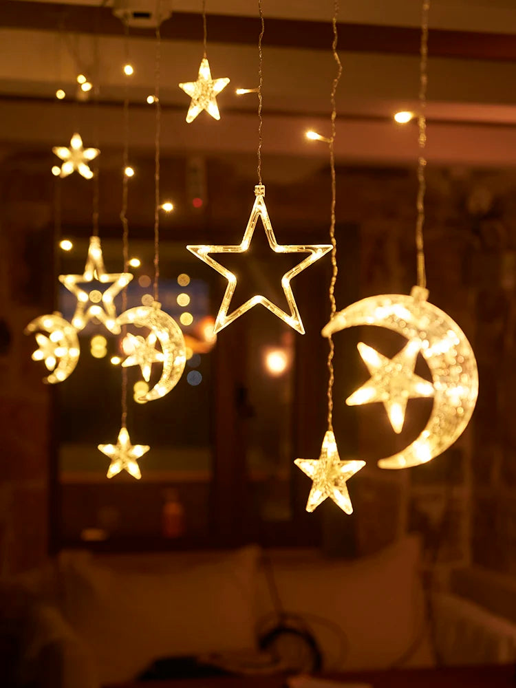 Ramadan Decoration 2025 Star Moon Curtain Garland String Light Aid EID Mubarak for Home Arabic Islam Muslim Event Party Supplies