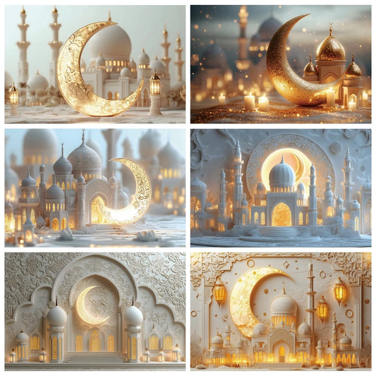 Eid Mubarak Backdrop Islamic Mosque Ramadan Aladdin Moroccan Golden Moon Lantern 2025Muslim Kareem Al Fitr Festival Photo Banner