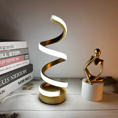 Modern LED table light with USB - adjustable brightness, warm white light, spiral design, suitable for bedroom, living room, off