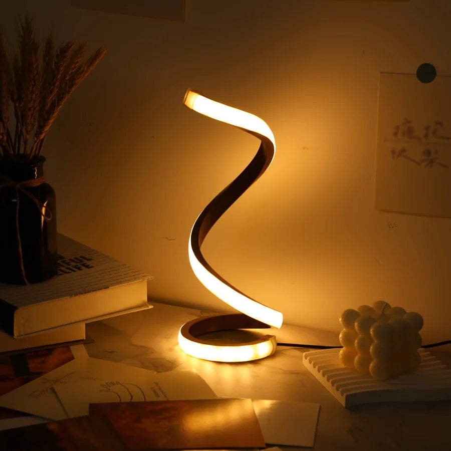 Modern LED table light with USB - adjustable brightness, warm white light, spiral design, suitable for bedroom, living room, off