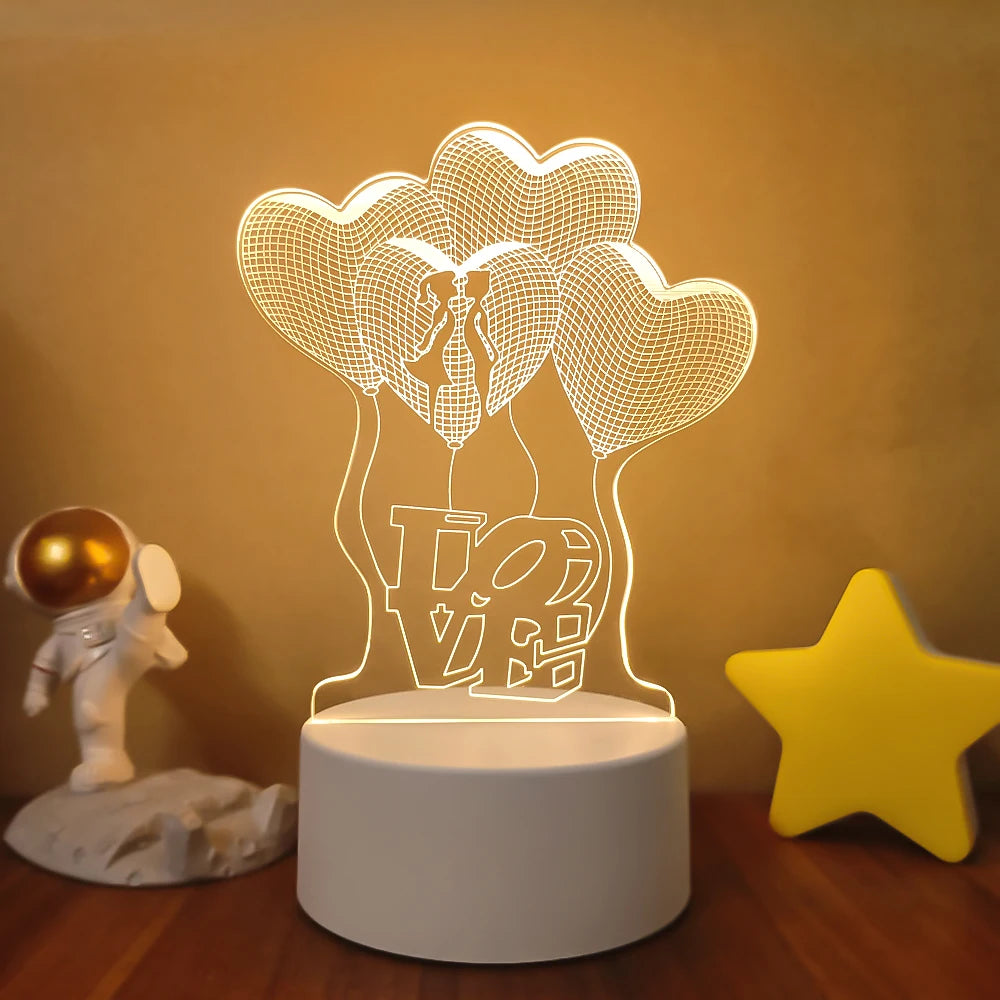 Romantic Love 3D Lamp Heart-shaped Balloon Acrylic LED Night Light Decorative Table Lamp Valentine's Day Sweetheart Wife's Gift