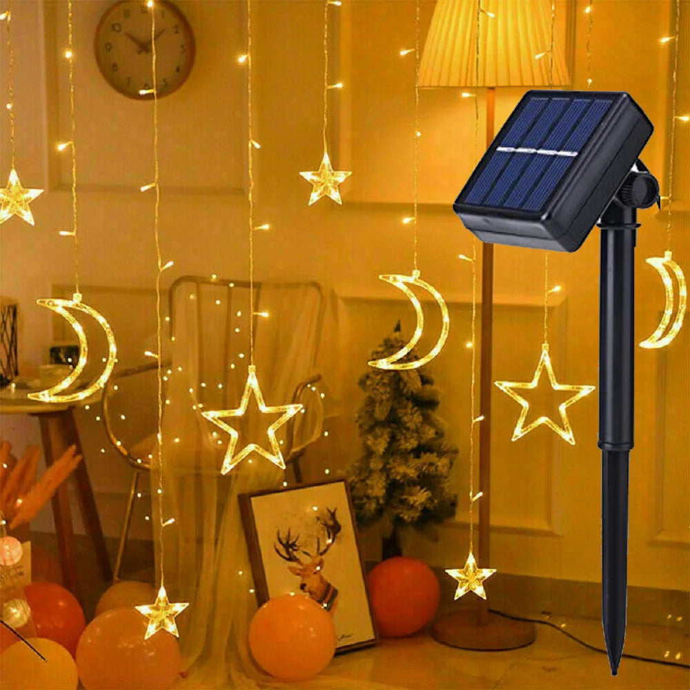 Solar Battery Star Moon String Light LED Curtain Light 8 Modes Christmas Garland Fairy Lamp for Wedding Party Xmas NewYear Decor