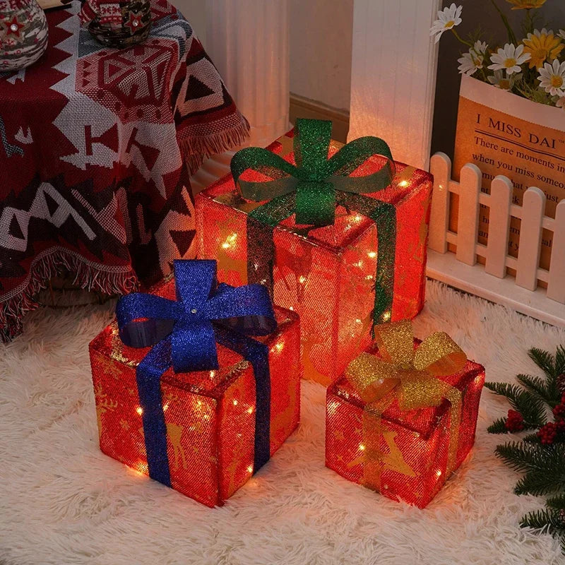 3Pcs/Set LED Christmas Gift Box Light Battery Powered Festive Decor Gift Case Home Outdoor Christmas Xmas Tree Wedding Ornament