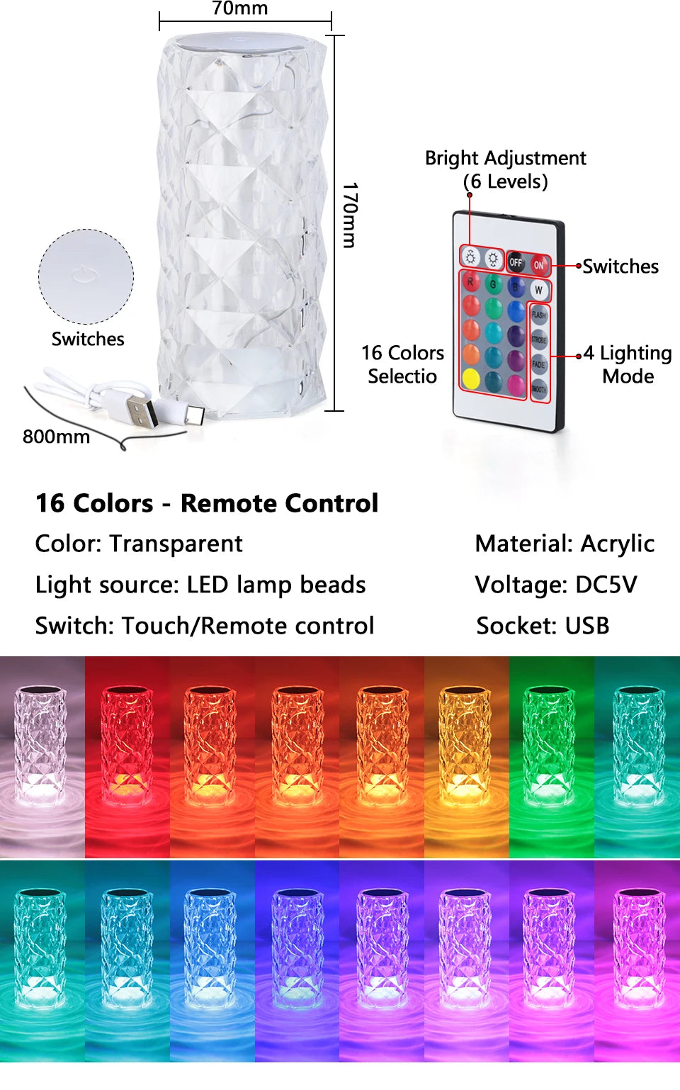 16 Colors Touch Remote Diamond Rose LED Crystal Lamps