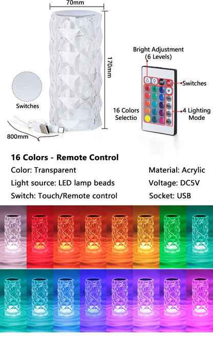 16 Colors Touch Remote Diamond Rose LED Crystal Lamps