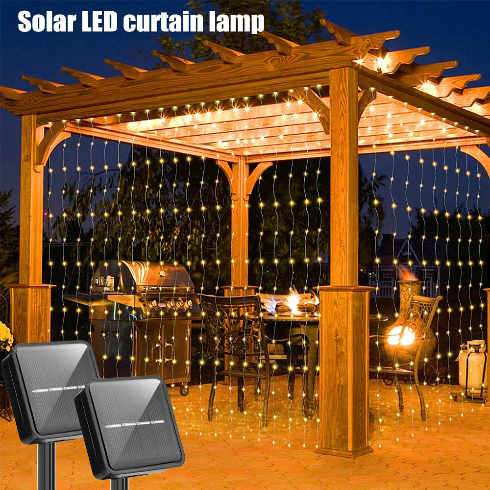 Solar Curtain Lights LED Solar Outdoor Waterproof Fairy lights With 8 Modes For Bedroom Window Patio Wedding Holiday Decorative