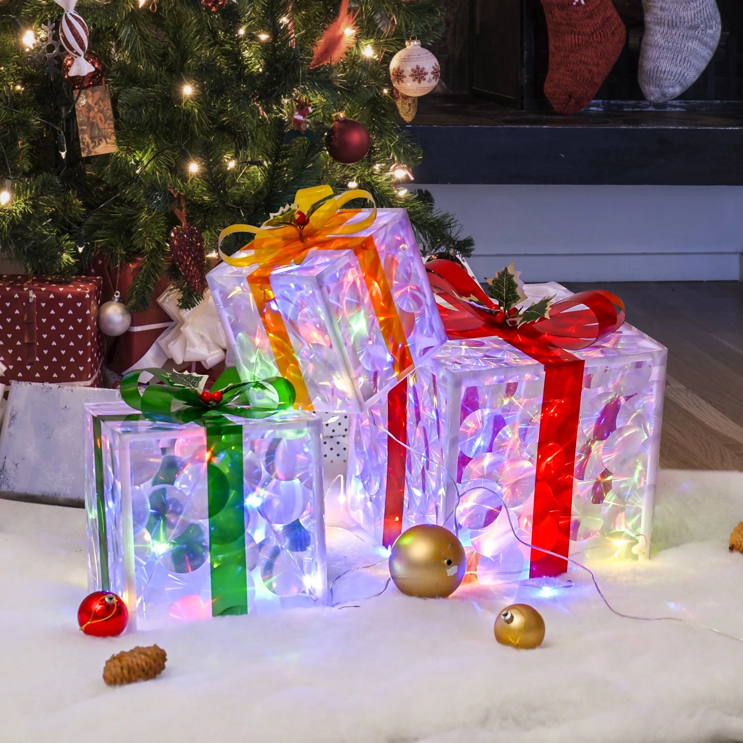 Set of 3 Christmas 48 LED Lighted Gift Boxes Transparent Four Color Lighted Christmas Box Decrations