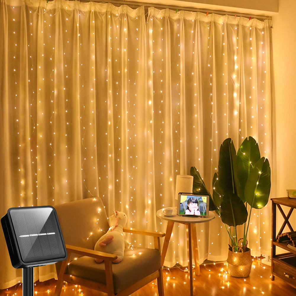 Solar Curtain Lights LED Solar Outdoor Waterproof Fairy lights With 8 Modes For Bedroom Window Patio Wedding Holiday Decorative