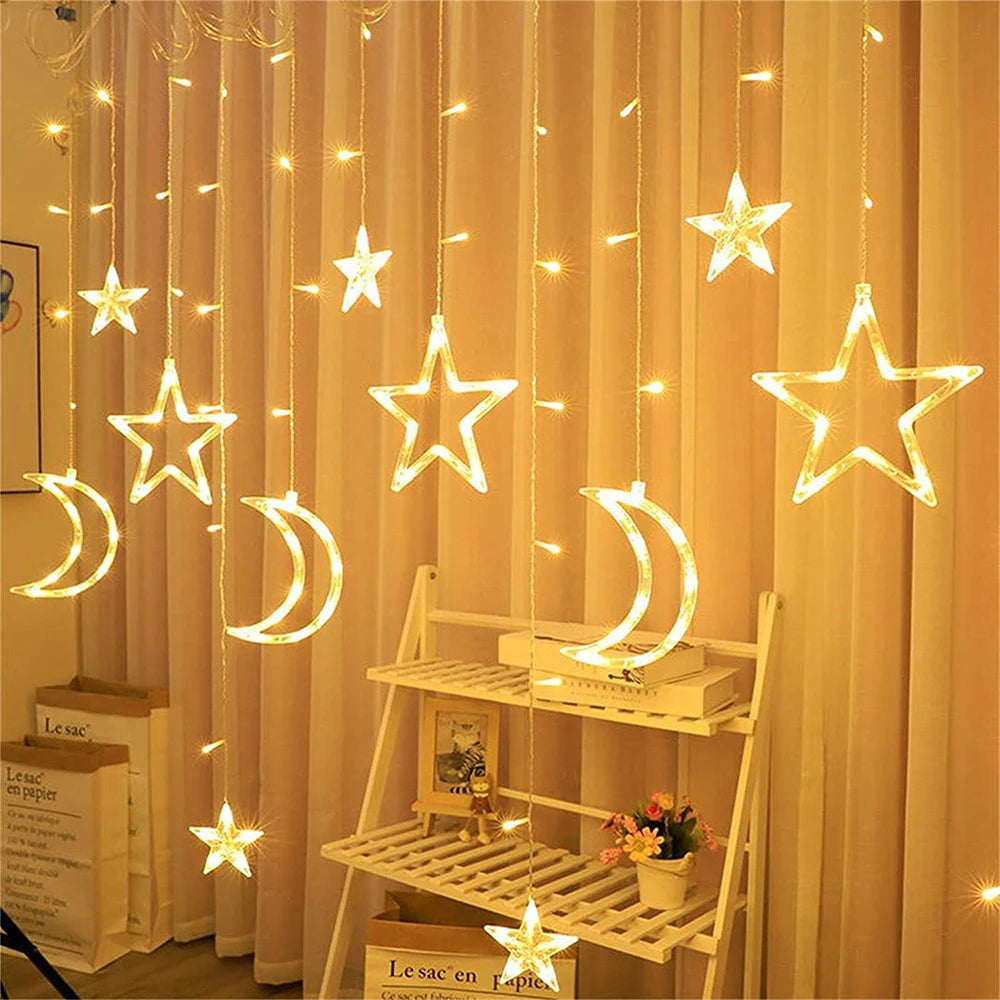 3.5M Warm White Moon Stars Curtain String Lights Icicle LED Light 8 Modes Waterproof for Room Home Wedding Party Decoration