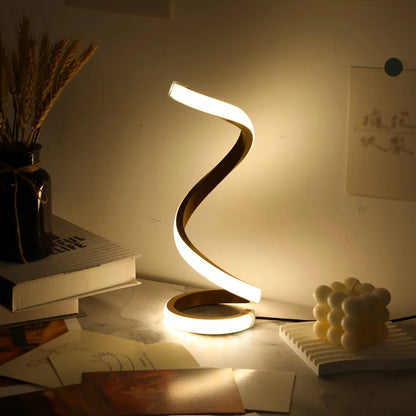 Modern LED table light with USB - adjustable brightness, warm white light, spiral design, suitable for bedroom, living room, off