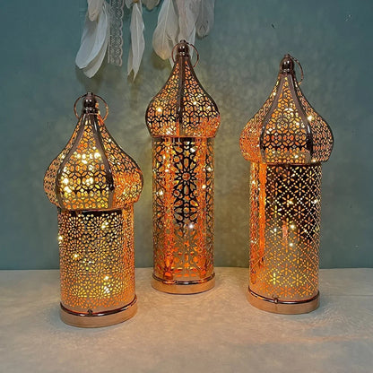 Moroccan Golden Hollow Iron Lantern Ramadan Home Decor Light Ornaments Hanging Lamps Outdoor Yard Garden Art Decoration