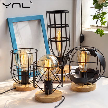 Retro Iron Art Wood Plate Vintage Bedside Table Lamp 220V 110V EU E27 Lampshade Socket Vintage Desk Lamp Base Holder For Bedroom