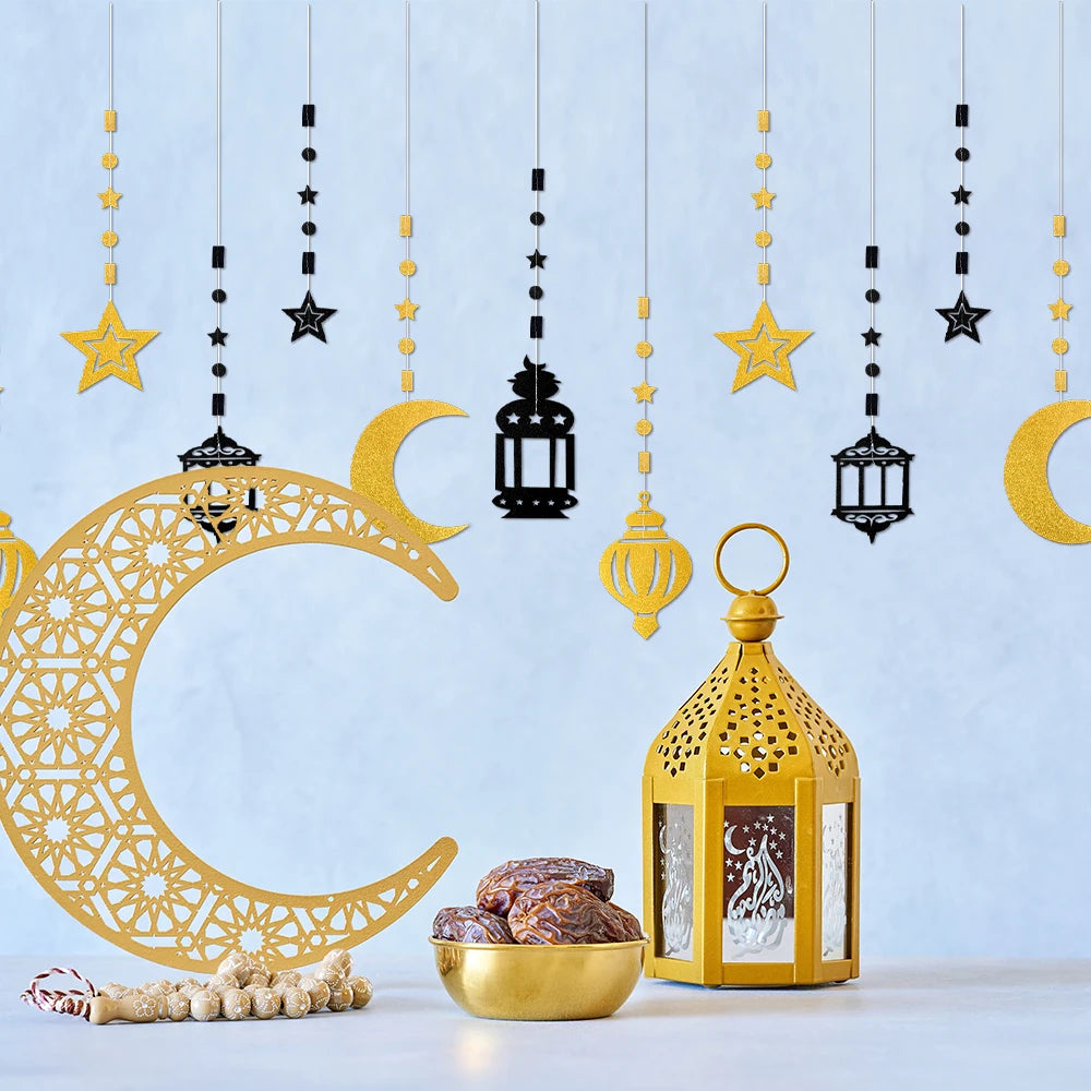 EID Mubarak Swirl Banner Gold Star Moon Lantern Ceiling Hanging Streamer Ornament Ramadan Decor 2025 Islam Muslim Party Supplies