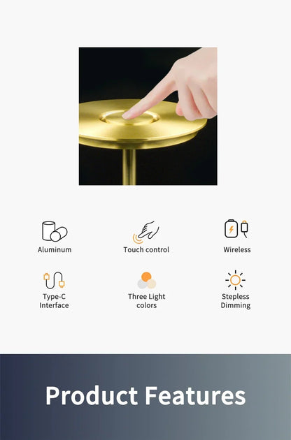 Rechargeable Wireless Table Lamp for Bedroom, Rechargeable, Touch Lamp, Camping Candle, Creative, USB-C, Desk Lamp