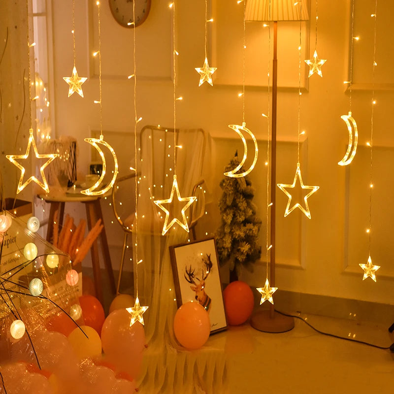 Ramadan Decoration 2025 Star Moon Curtain Garland String Light Aid EID Mubarak for Home Arabic Islam Muslim Event Party Supplies