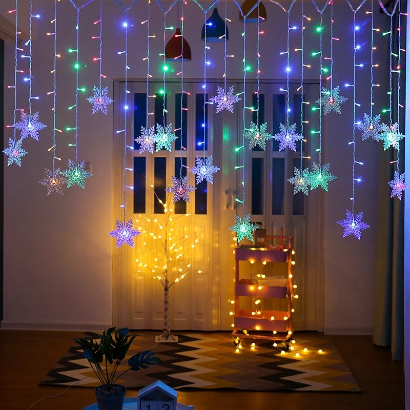 Christmas Light Led Snowflake Curtain Icicle Fairy String Lights Outdoor Garland Home Party Garden New Year Decoration