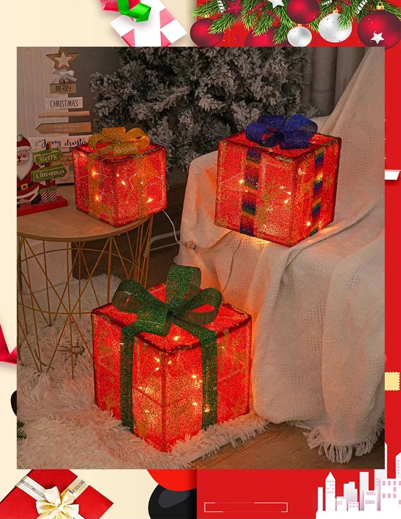 3Pcs/Set LED Christmas Gift Box Light Battery Powered Festive Decor Gift Case Home Outdoor Christmas Xmas Tree Wedding Ornament