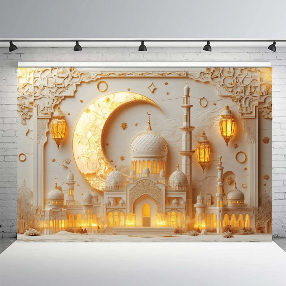 Eid Mubarak Backdrop Islamic Mosque Ramadan Aladdin Moroccan Golden Moon Lantern 2025Muslim Kareem Al Fitr Festival Photo Banner