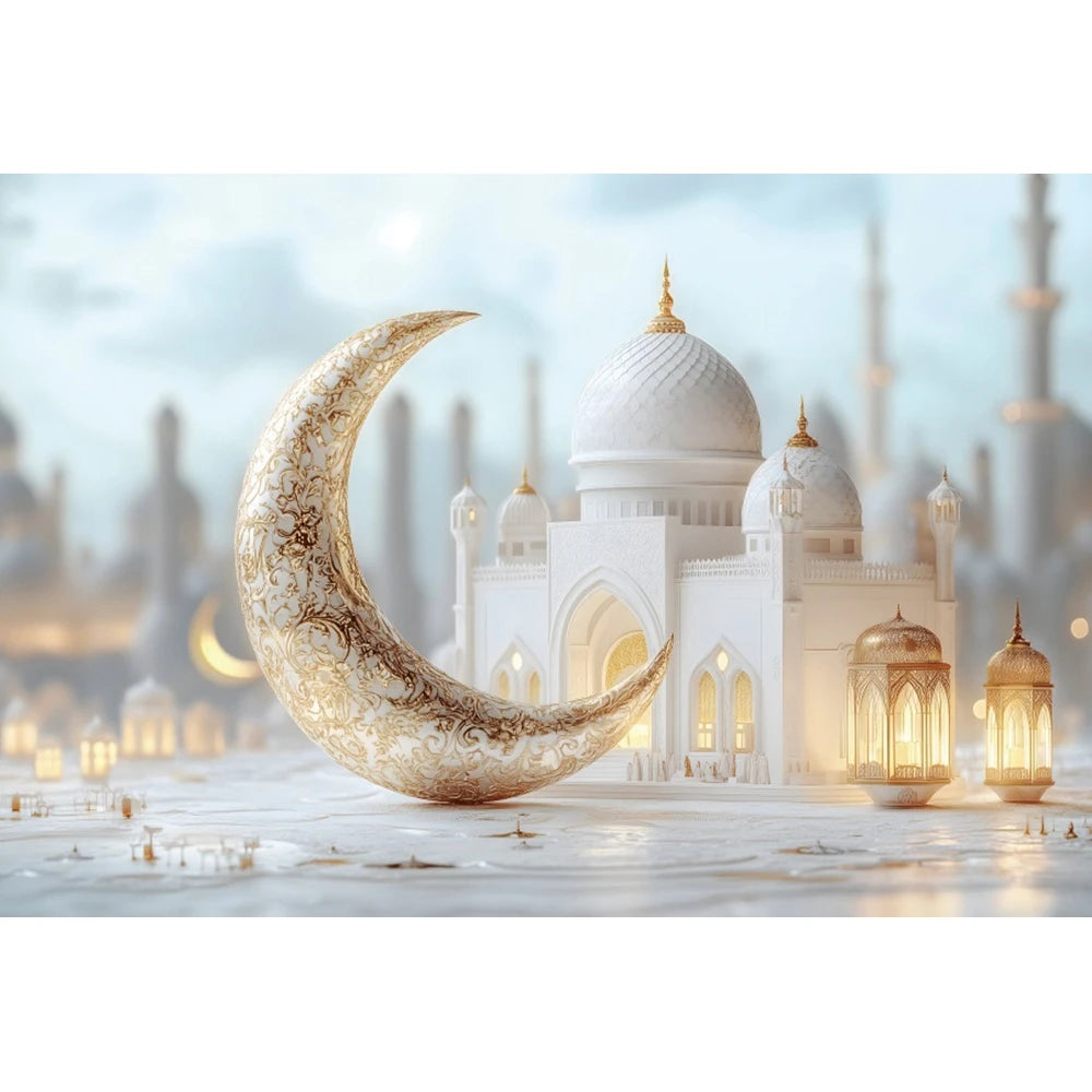 Eid Mubarak Backdrop Islamic Mosque Ramadan Aladdin Moroccan Golden Moon Lantern 2025Muslim Kareem Al Fitr Festival Photo Banner