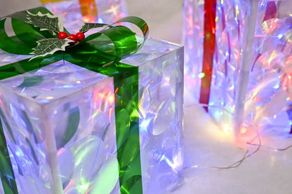 Set of 3 Christmas 48 LED Lighted Gift Boxes Transparent Four Color Lighted Christmas Box Decrations