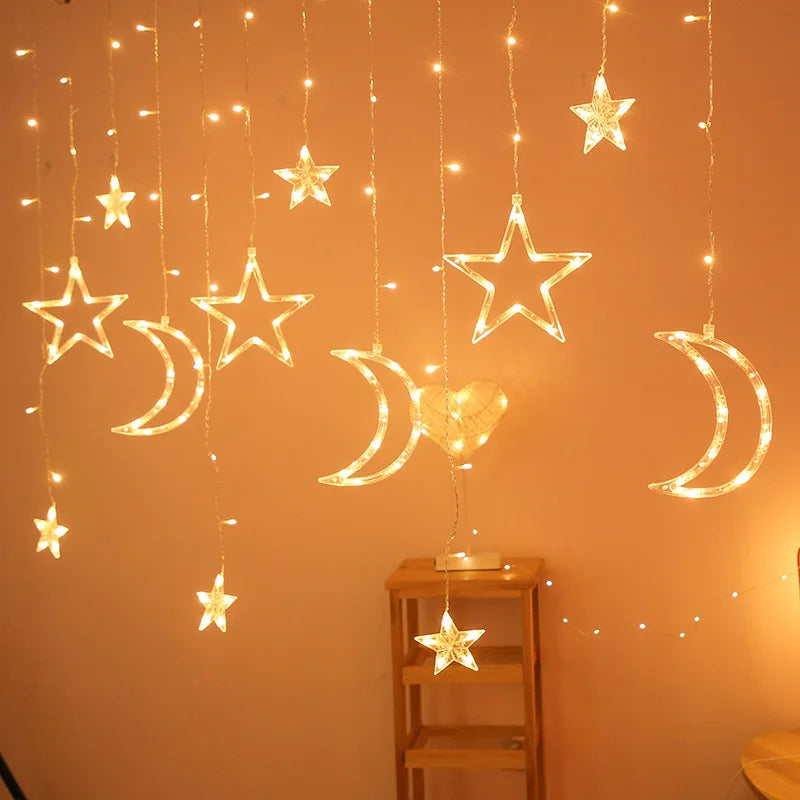 Ramadan Decoration 2025 Star Moon Curtain Garland String Light Aid EID Mubarak for Home Arabic Islam Muslim Event Party Supplies