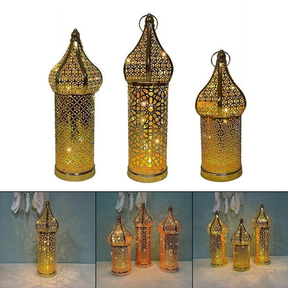 Moroccan Golden Hollow Iron Lantern Ramadan Home Decor Light Ornaments Hanging Lamps Outdoor Yard Garden Art Decoration