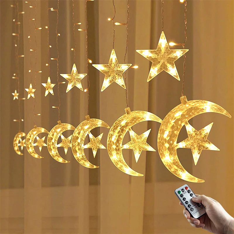 Ramadan Decoration 2025 Star Moon Curtain Garland String Light Aid EID Mubarak for Home Arabic Islam Muslim Event Party Supplies