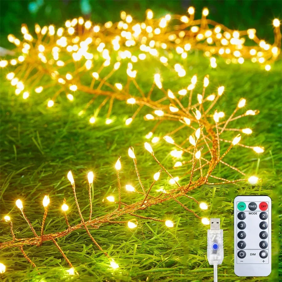 200/400 LED USB Firecracker Fairy Light Outdoor Firecracker Cluster Twinkle String Light with Remote for Wreath DIY Party Decor