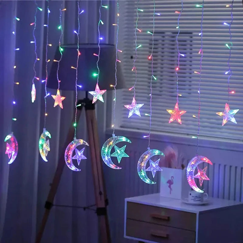 Ramadan Decoration 2025 Star Moon Curtain Garland String Light Aid EID Mubarak for Home Arabic Islam Muslim Event Party Supplies