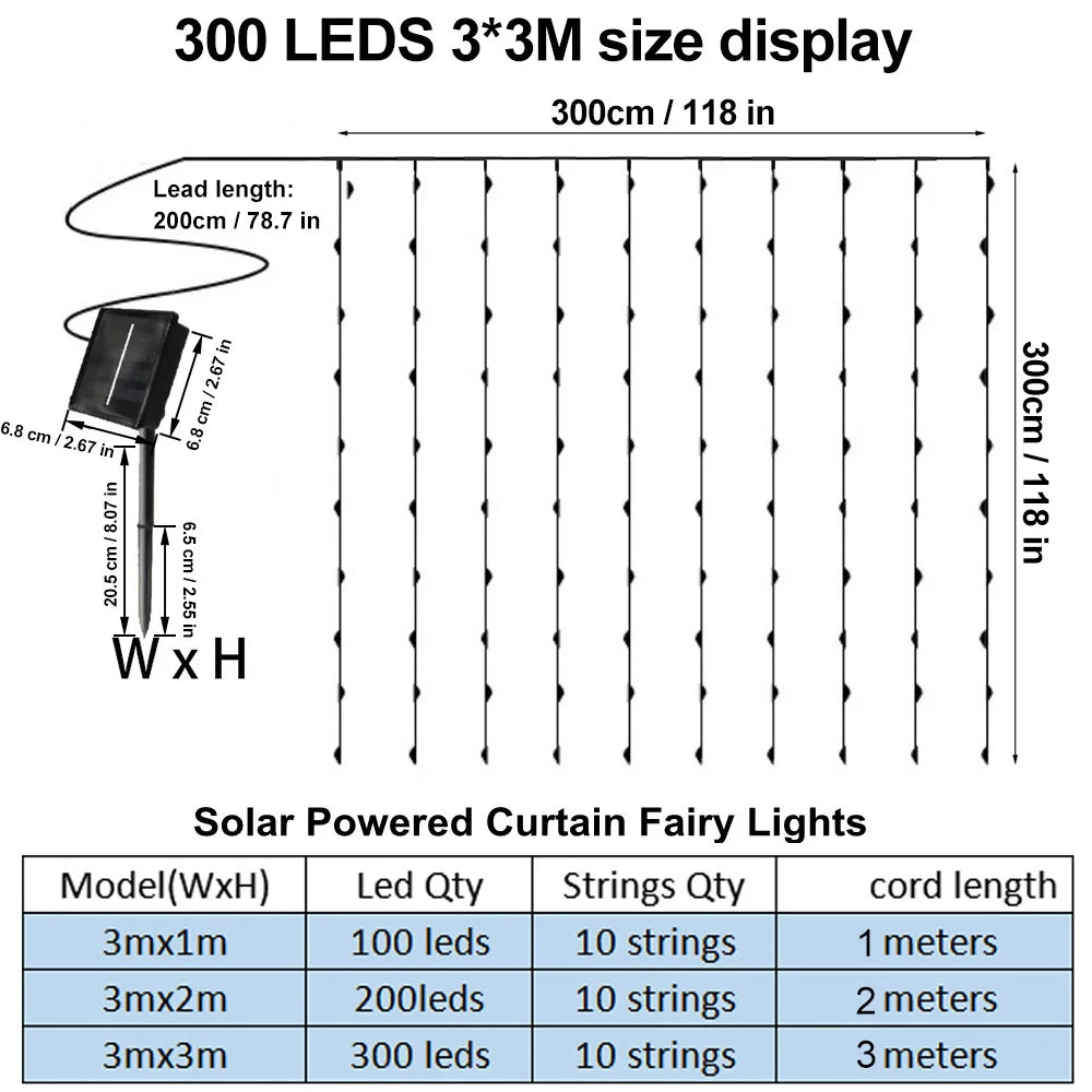 Solar Curtain Light LED Outdoor Waterproof 300leds Garland Decoration String Lights Yard Christmas  Fairy Garland String Lights